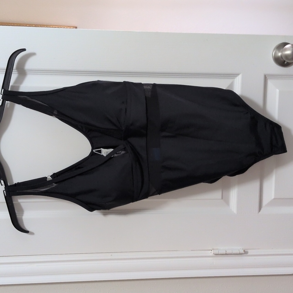 Low Cut Black One Piece Bathing Suit With Mesh - Picture 3 of 8